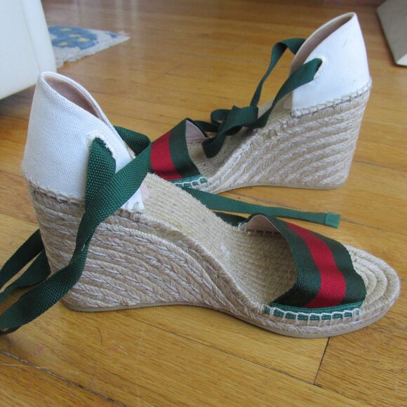 Gucci Lilibeth Stylvie Wedge Canvas Wedge Espadrille 525728 Red/Green Stripes - Picture 3 of 10